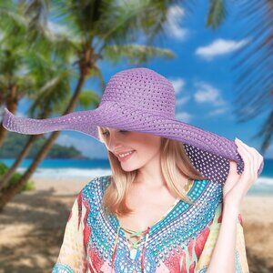Lavender Super Wide 10" Brim Straw Hat Wired Edge Breezy Elegance Floppy